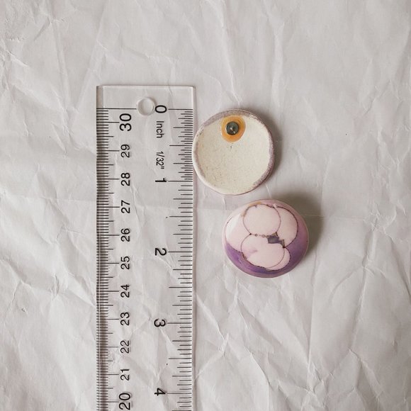 Vintage Handmade Abstract Pink Purple Painted Ceramic Large Circle Disc Earrings - Picture 6 of 6